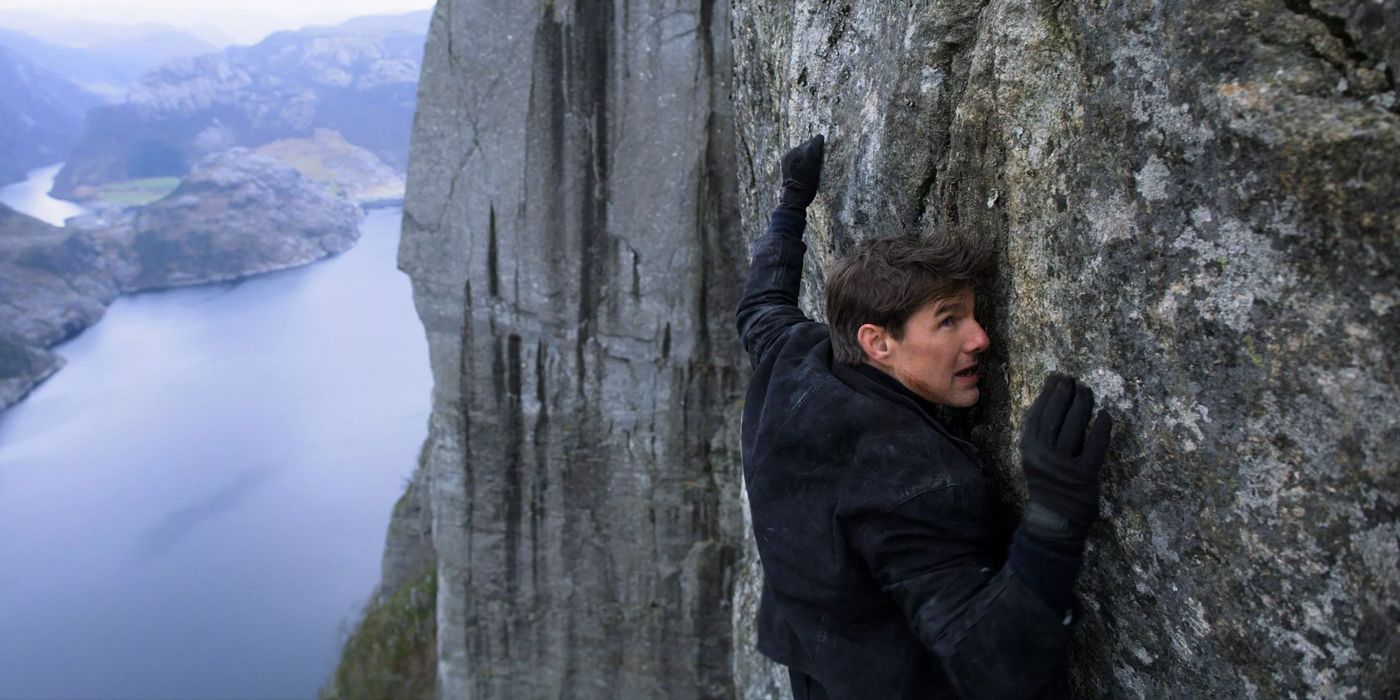 Ethan Hunt hanging from a cliff during the climax of Mission Impossible Fallout