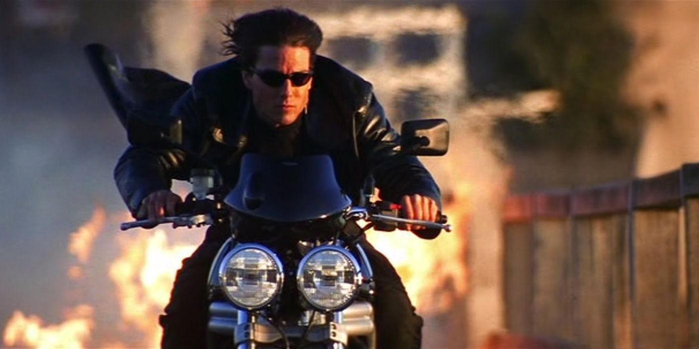 Ethan Hunt flies through fire on motorcycle in Mission: Impossible 2