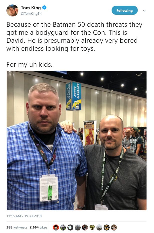 Tom King tweet with bodyguard