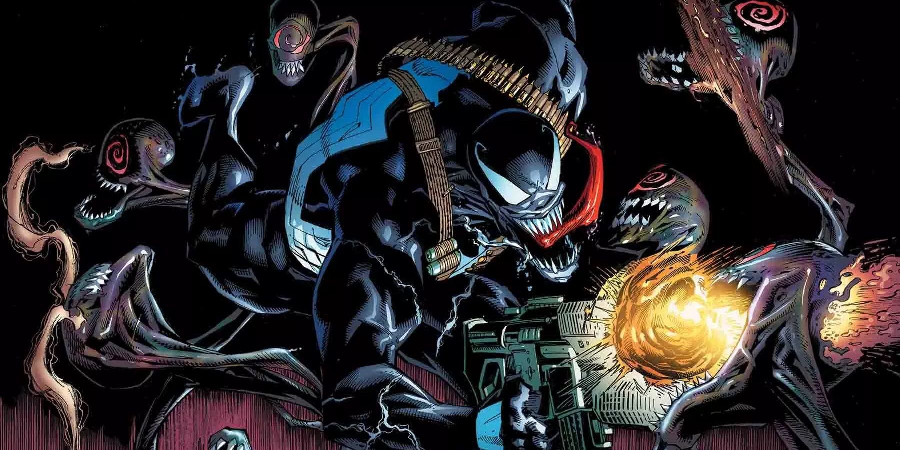 Venom fights and enemy with an automatic weapon and sleeve of bullets in Marvel comics