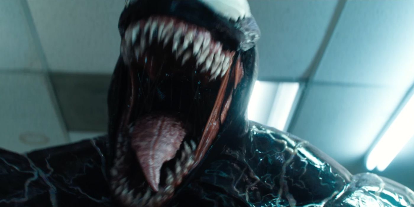 Venom opens his mouth wide in the 2018 Sony movie