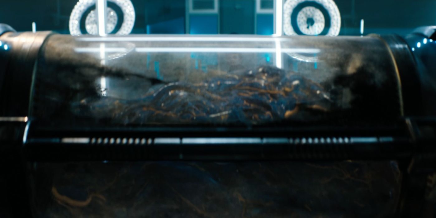The symbiotes in a tube at the Life Foundation in the Venom movie