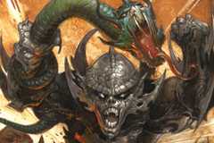 A Yuuzhan Vong leaps in an attack, wielding an amphistaff