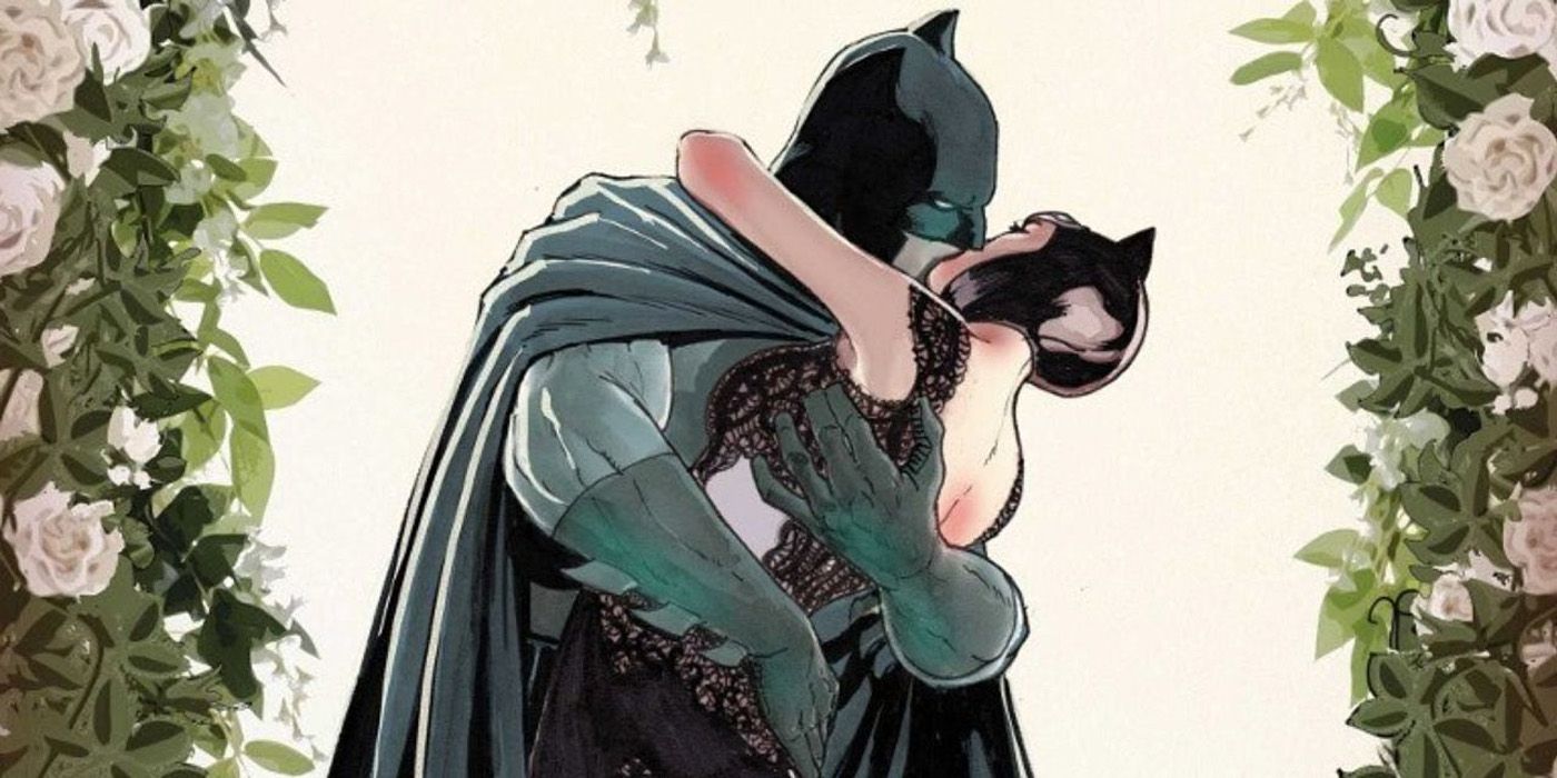 Batman and Catwoman kiss at a wedding in DC Comics.