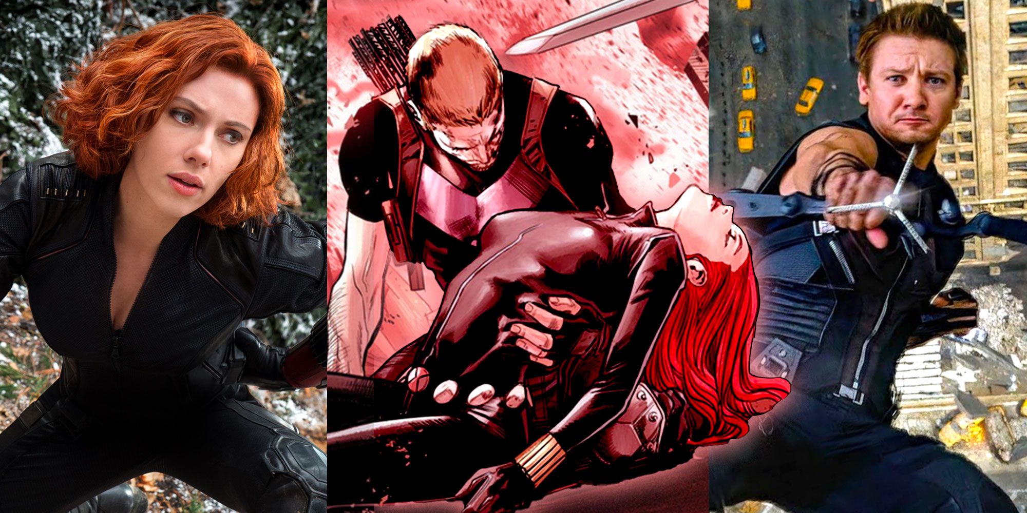 A split image depicts Black Widow in the MCU, Hawkeye holding a lifeless Black Widow in Marvel comics, and Hawkeye in the MCU