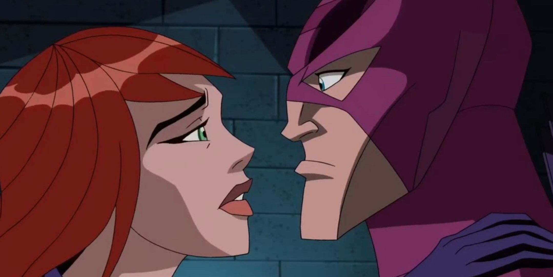A closeup of Black Widow and Hawkeye face to face in the animated Avengers series