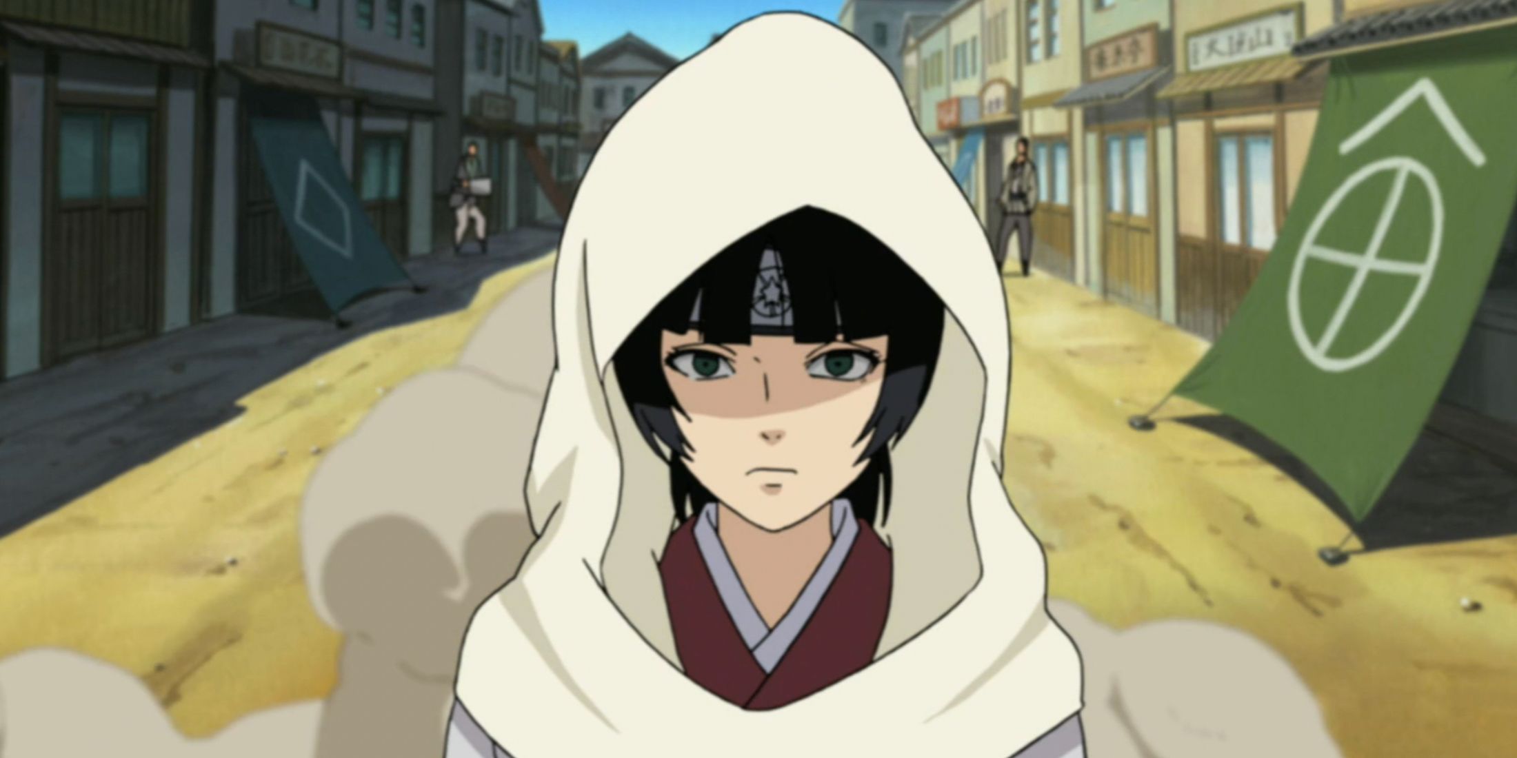 A hooded princess stands in the middle of the street in Naruto