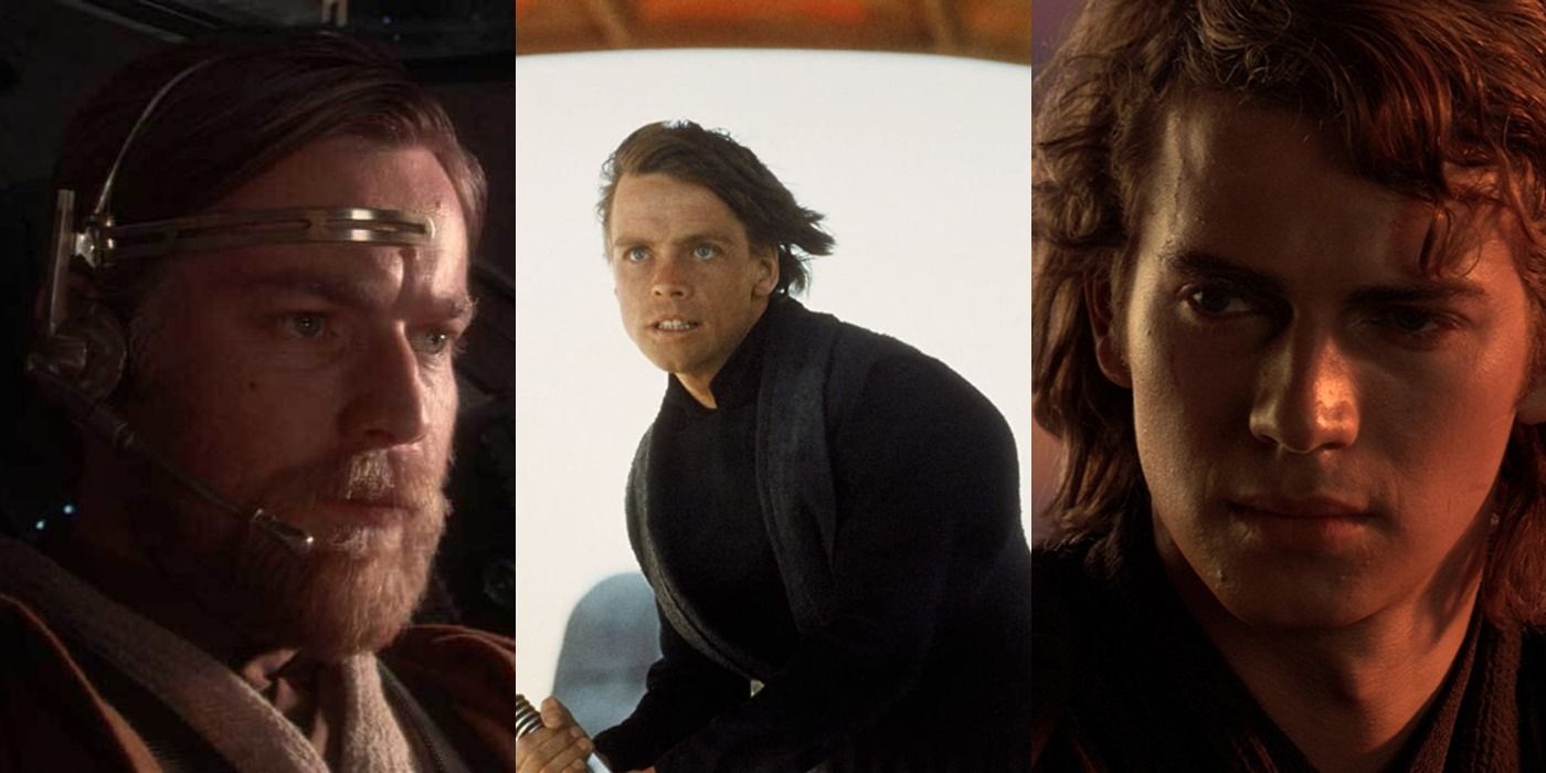 A split screen of Obi-Wan, Luke Skywalker, and Anakin.