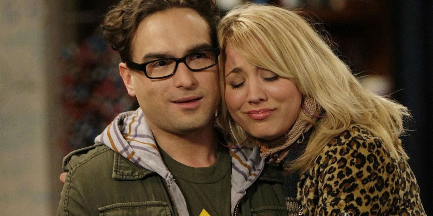 Penny hugging Leonard in The Big Bang Theory.