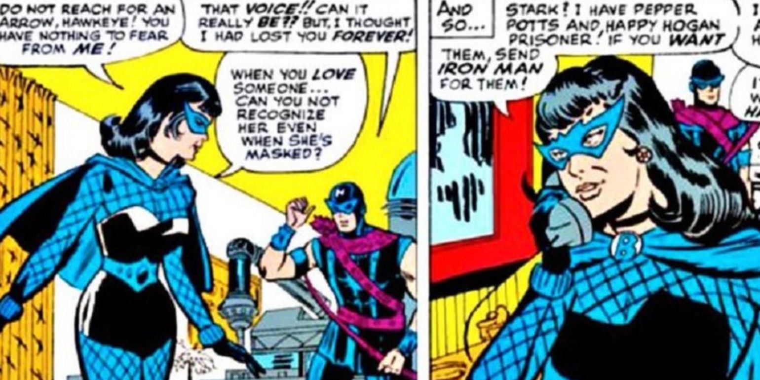 Black Widow returns to Hawkeye in her black and blue ensemble in Marvel comics
