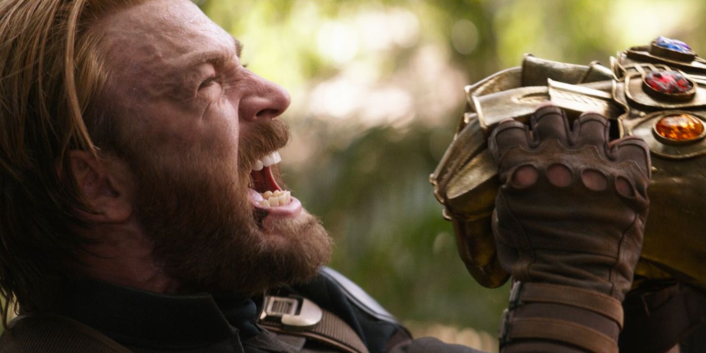Captain America Holding Back Thanos' Infinity Guantlet in Avengers Infinity War