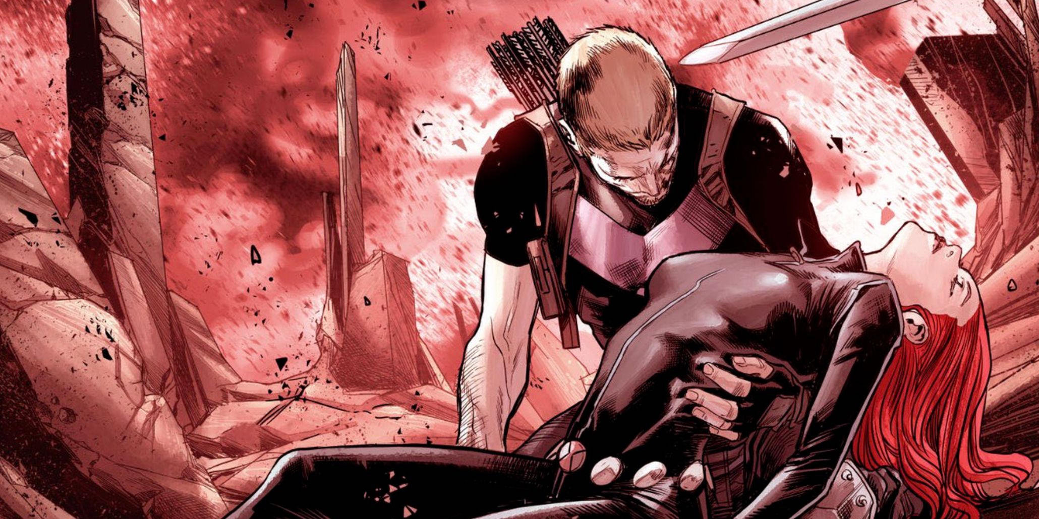 Clint cradles a lifeless Natasha in a red wasteland in Marvel comics