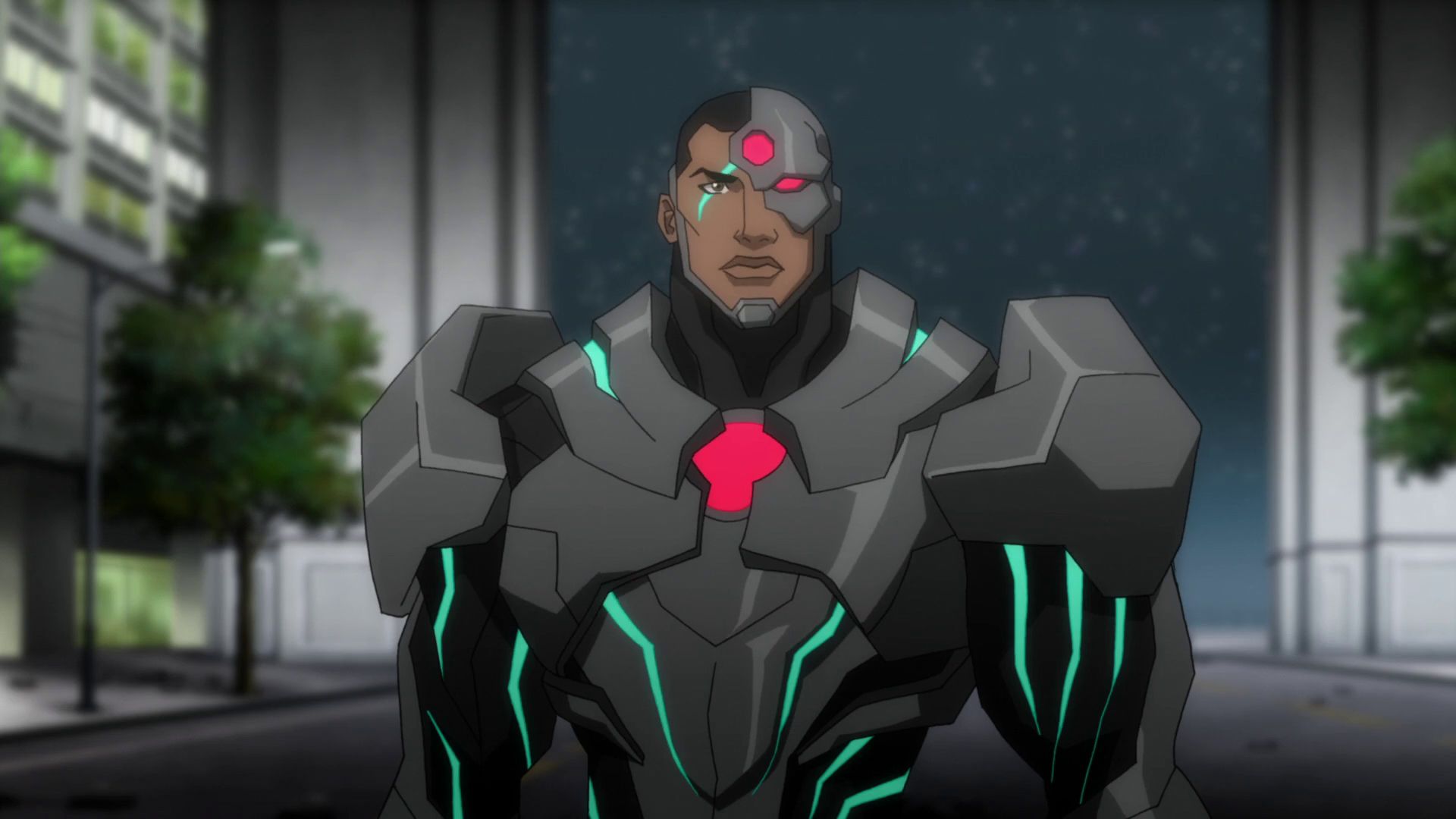 Cyborg in the DC Animated Universe movies standing in the street