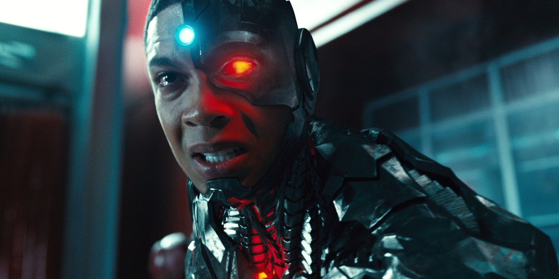 Ray Fisher's Cyborg looks concerned in Justice League.