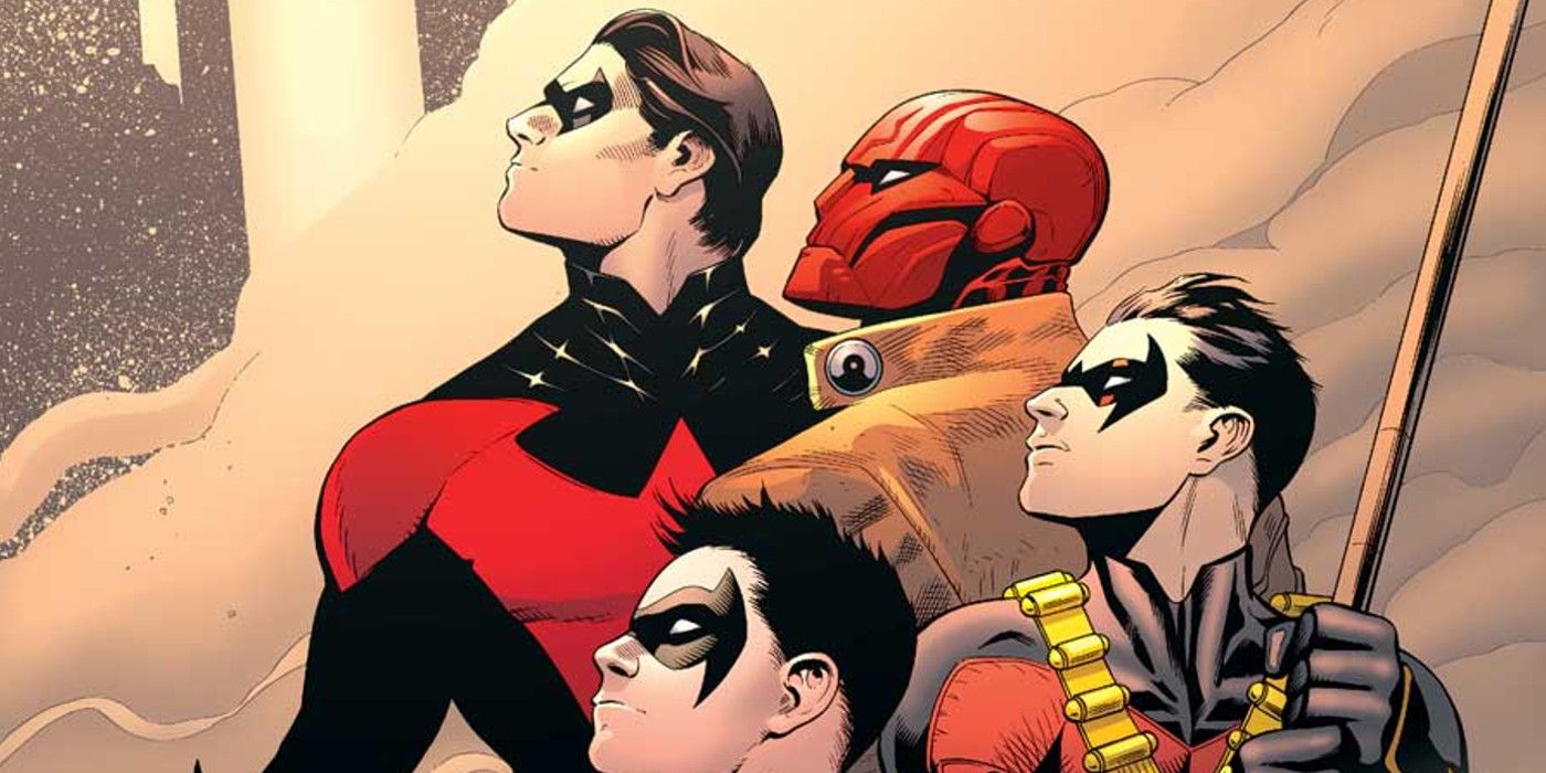 Nightwing, Red Hood, Robin, and Damian Wayne looking in the same direction