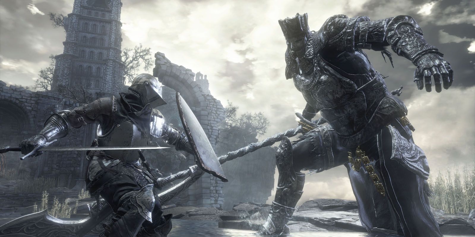 A character fights against Gundyr in Dark Souls 3