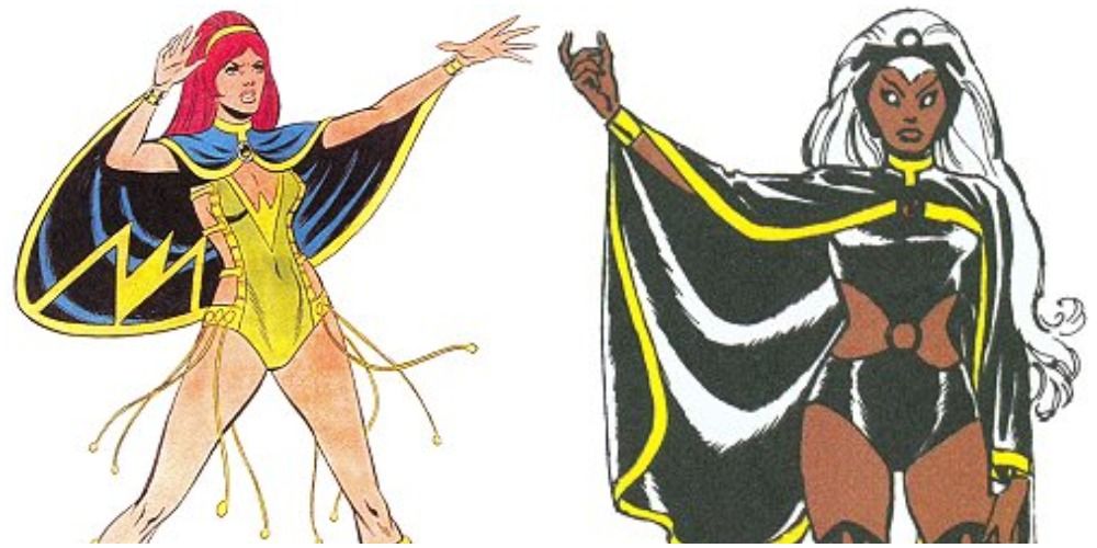 Split image of Dave Cockrum's original concept for Storm's costume and final Storm from Marvel comics.