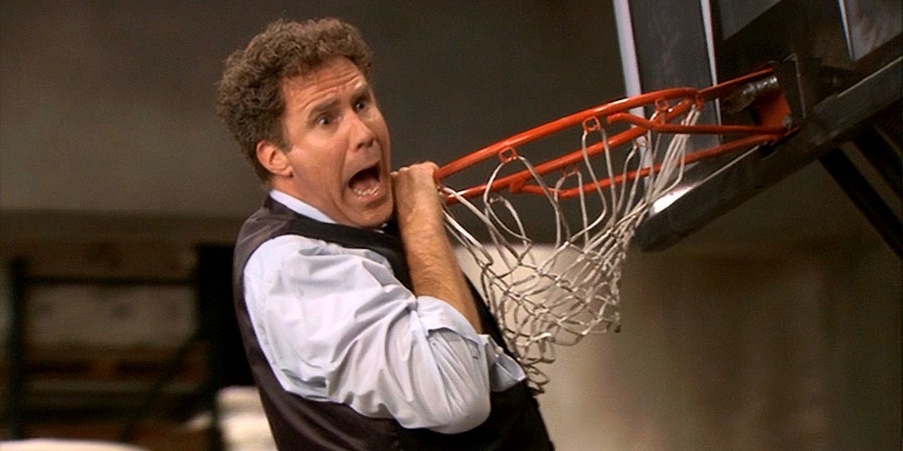 Deangelo Vickers hangs off a basketball hoop in The Office