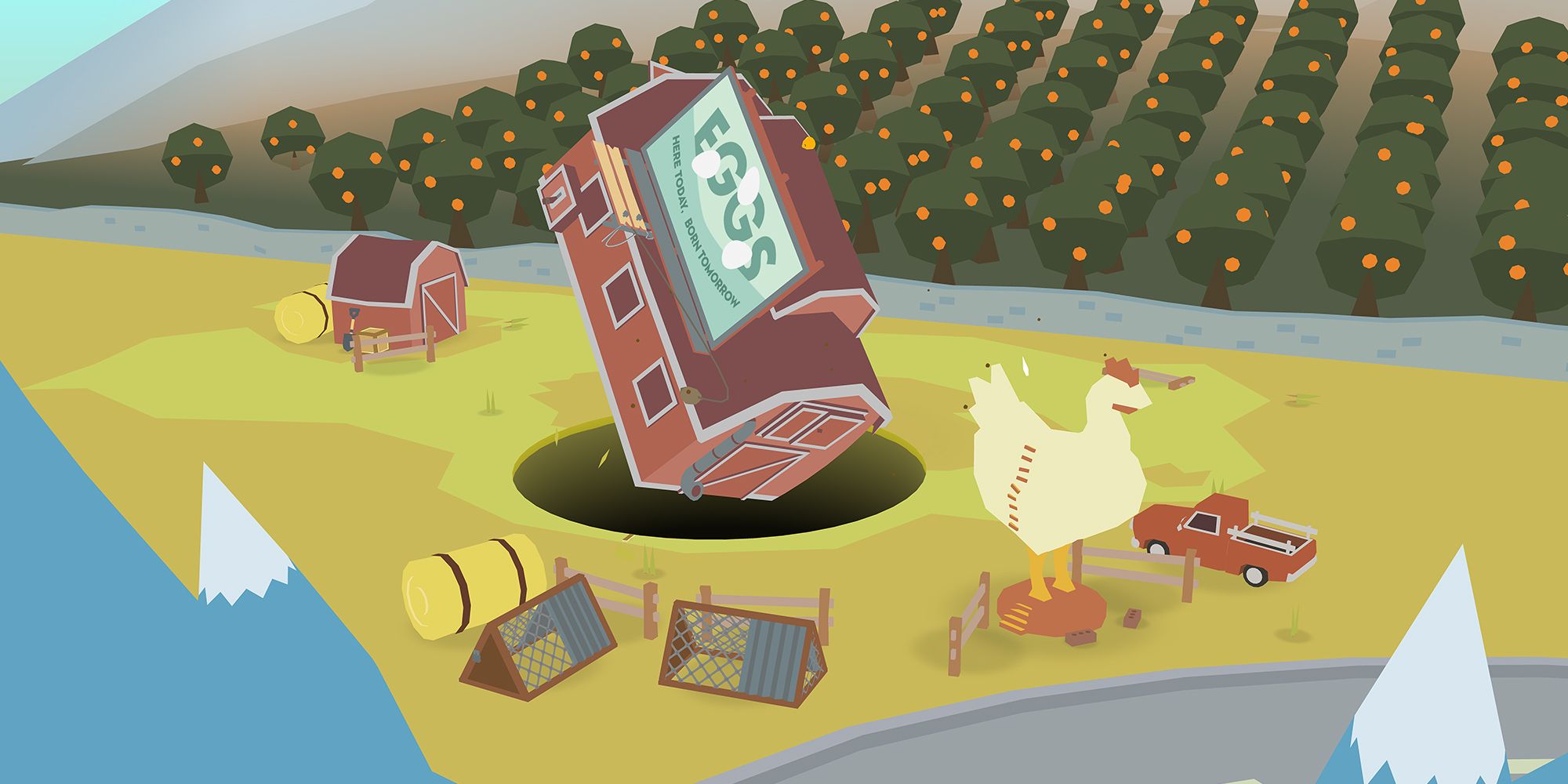 Donut County example of a Barn falling into the giant hole in the ground. The barn has a billboard on it that says "Eggs"