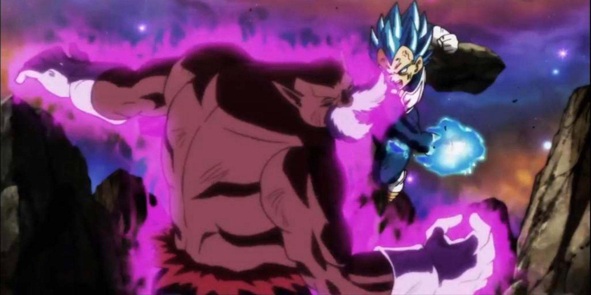 Dragon Ball Super Saiyan Blue Vegeta hits God of Destruction Topo.