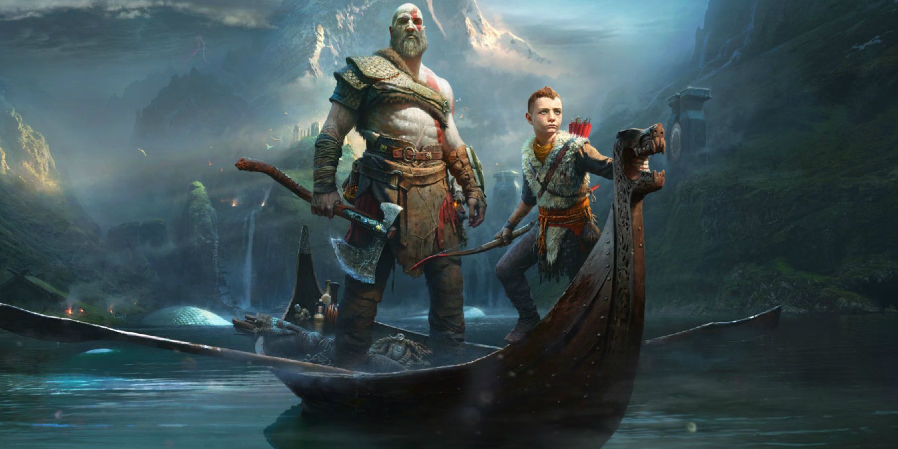 Kratos and Atreus on a boat in God Of War (2018)