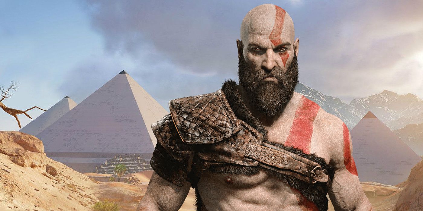 Uma imagem conceitual de Kratos em frente às pirâmides egípcias para o próximo título de God of War.