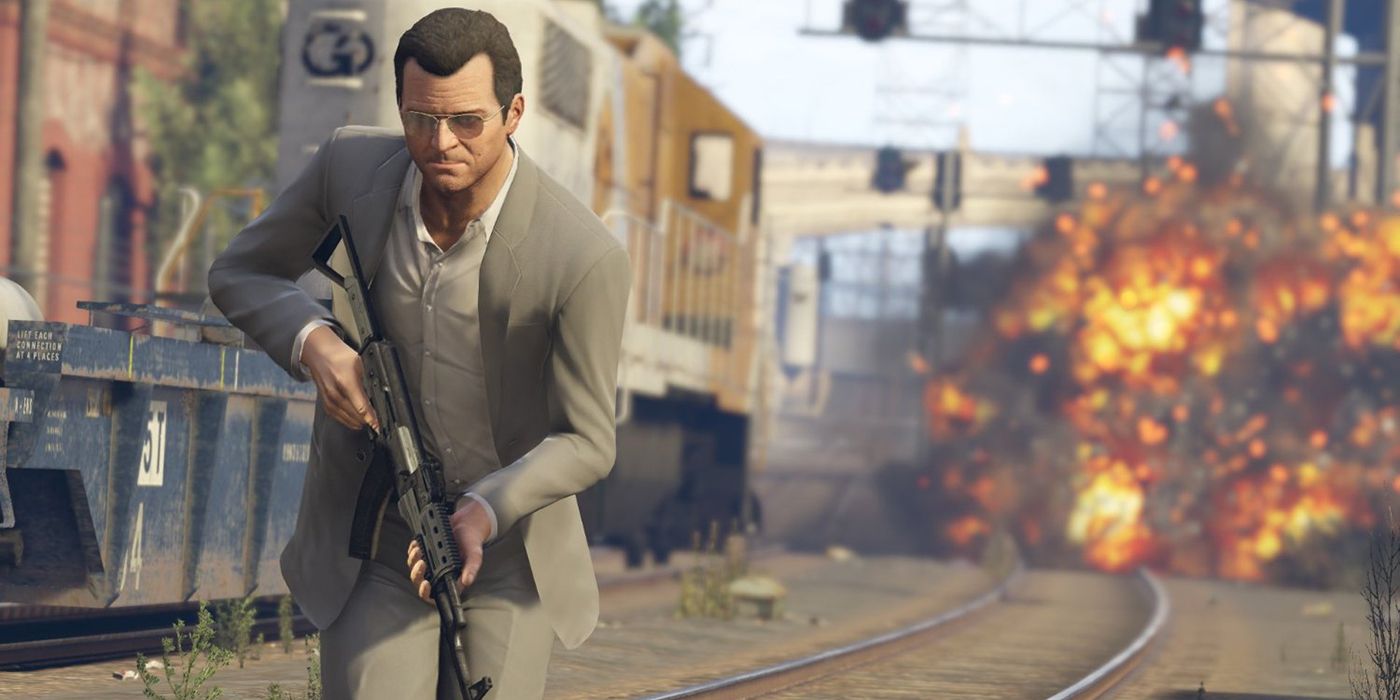 A man with a gun runs away from an explosion in Grand Theft Auto V.