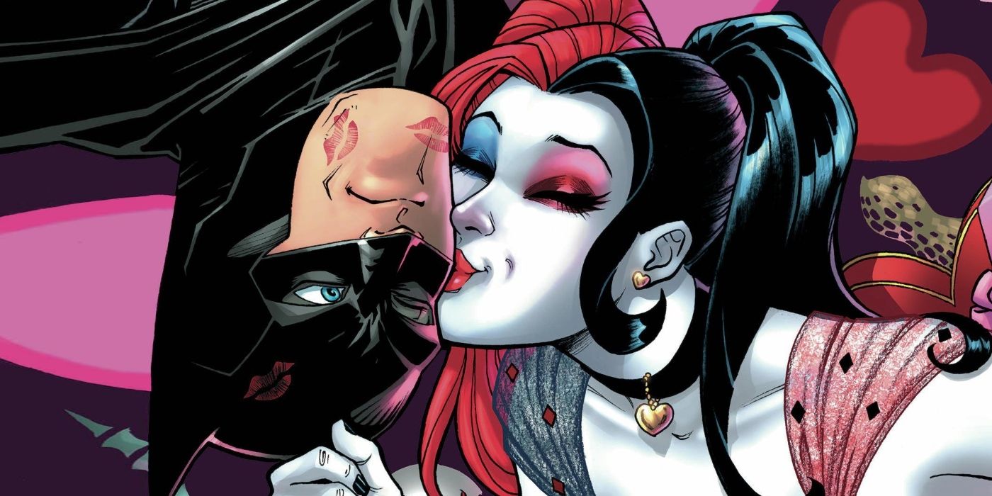 Harley kisses Batman on the cheek in DC Comics