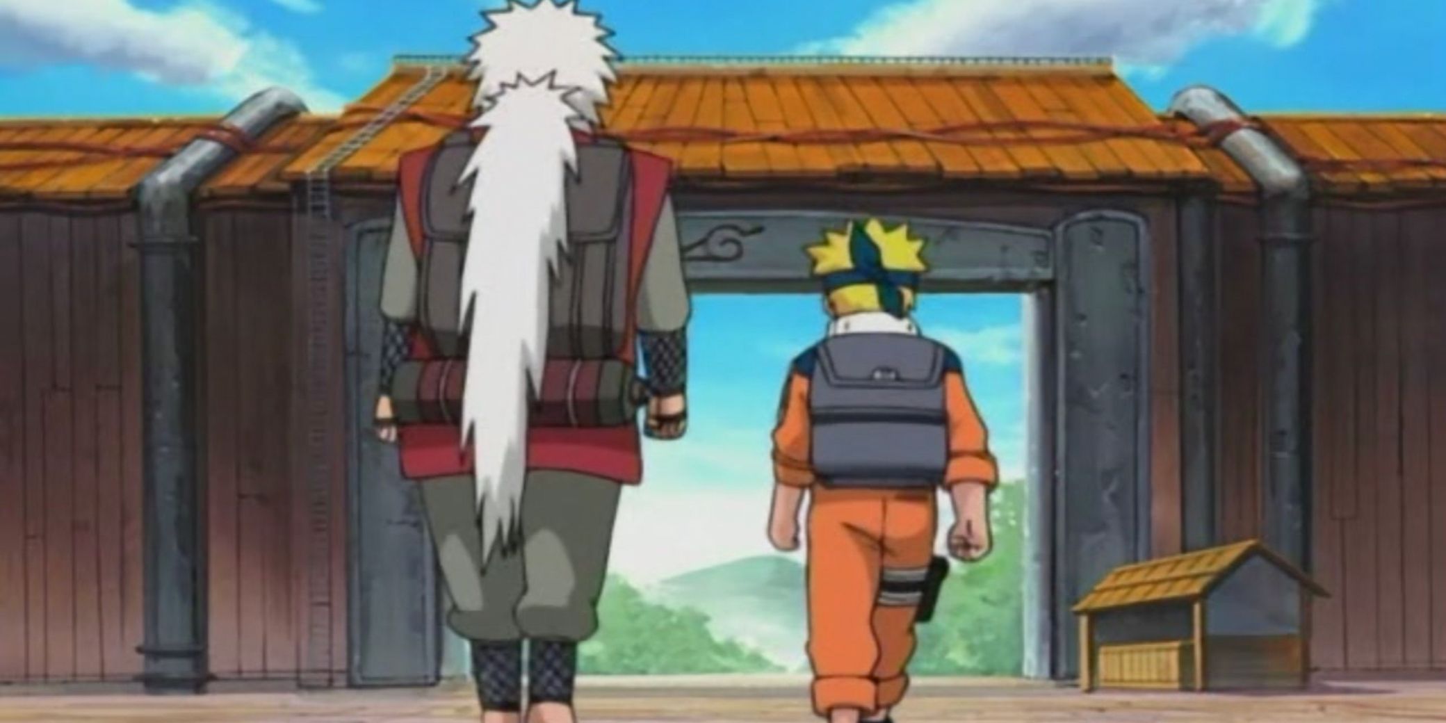 Jiraiya and Naruto walk out of Konoha in Naruto