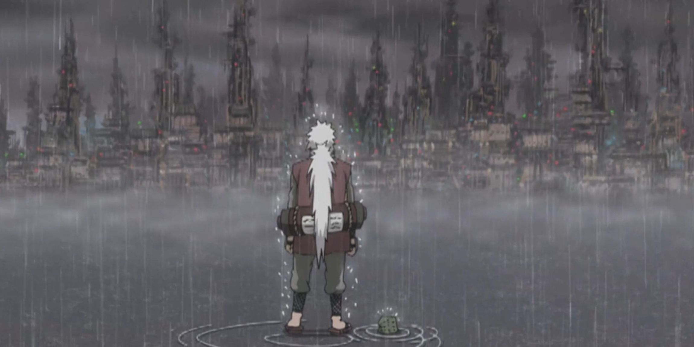 Jiraiya stands in the rain in front of a cityscape in Naruto Shippuden