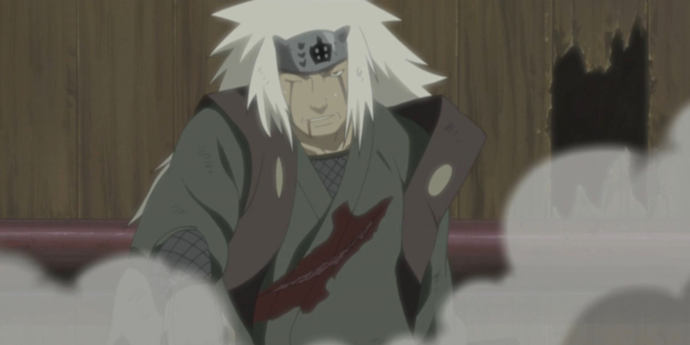 Jiraiya takes a blow to the chest in Naruto