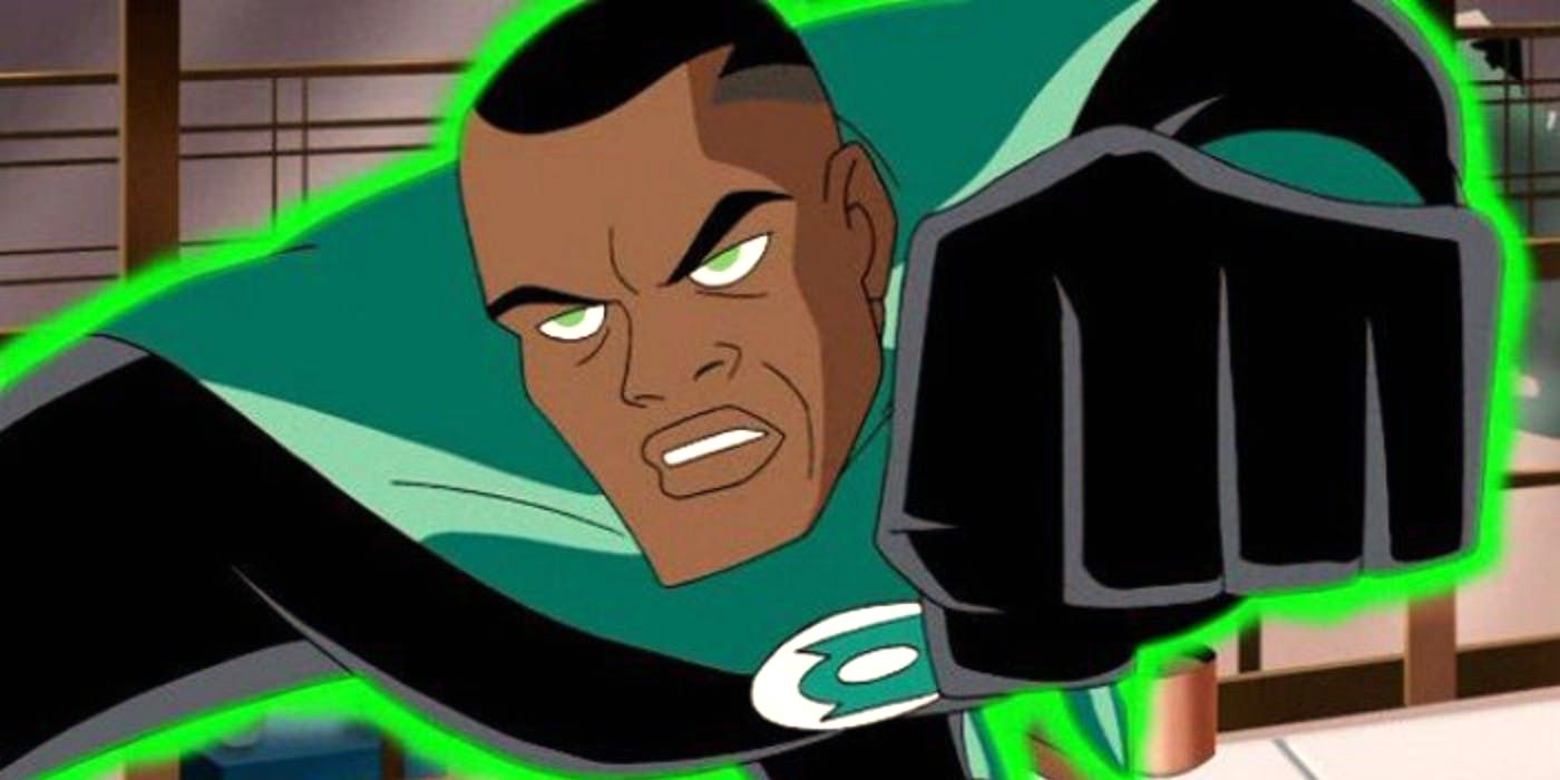 Green Lantern powered up and flying in Justice League Unlimited.