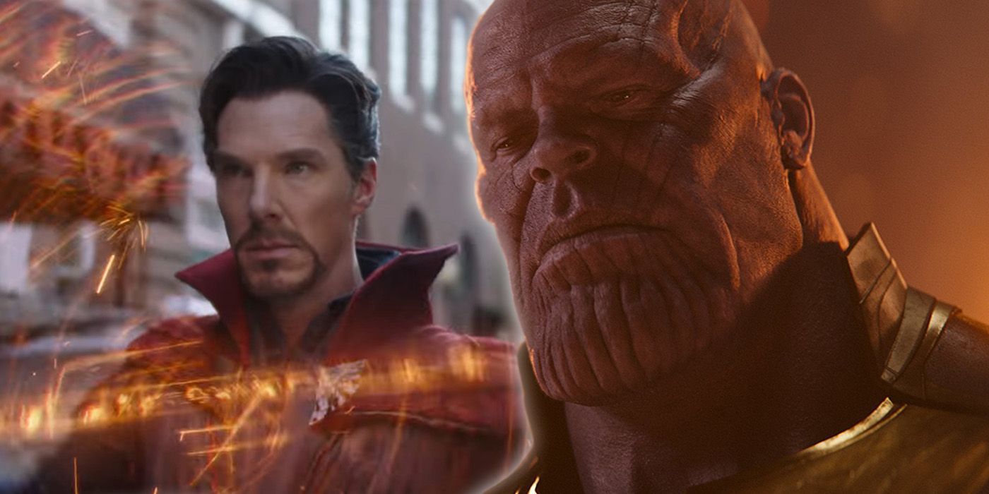 Josh Brolin as Thanos and Benedict Cumberbatch as Doctor Strange in Avengers: Infinity War
