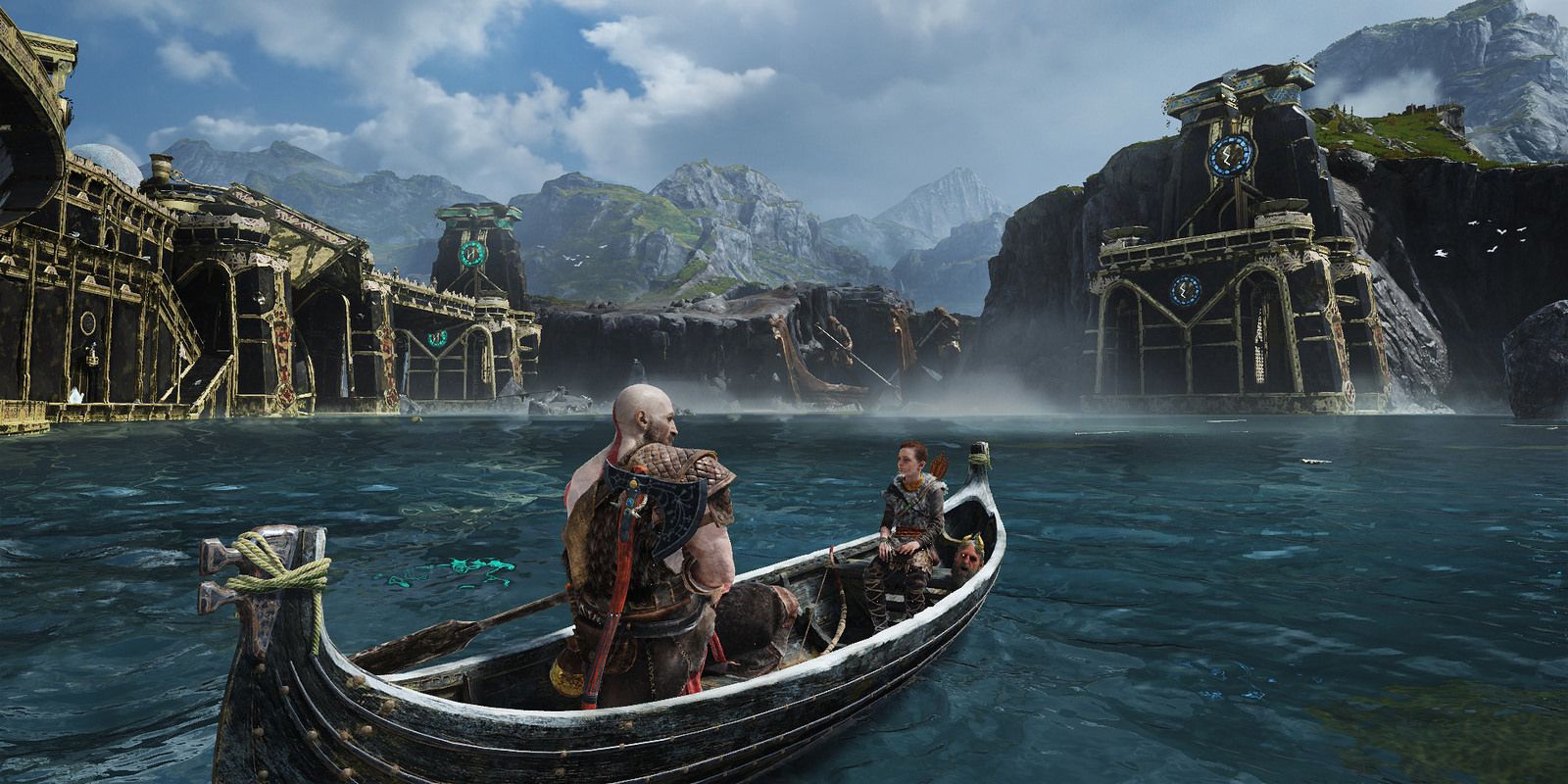 Kratos and Atreus in the boat in God of War
