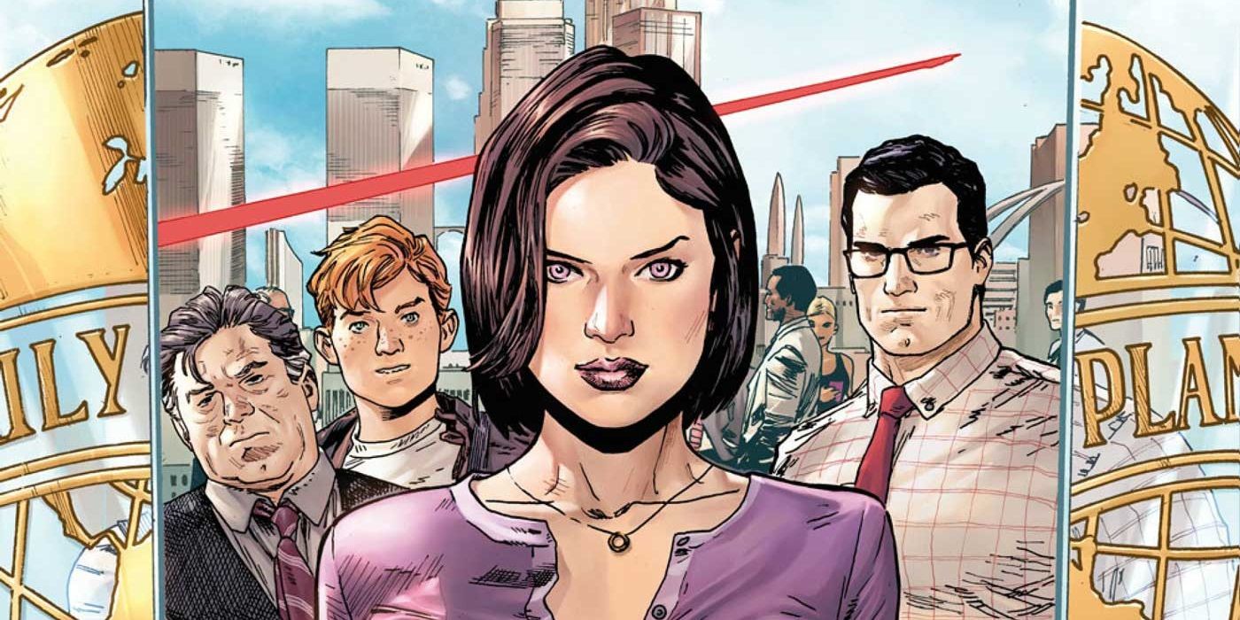 Superman comic cover with Lois Lane stood in front of Clark Kent, Jimmy Olsen, and Perry White