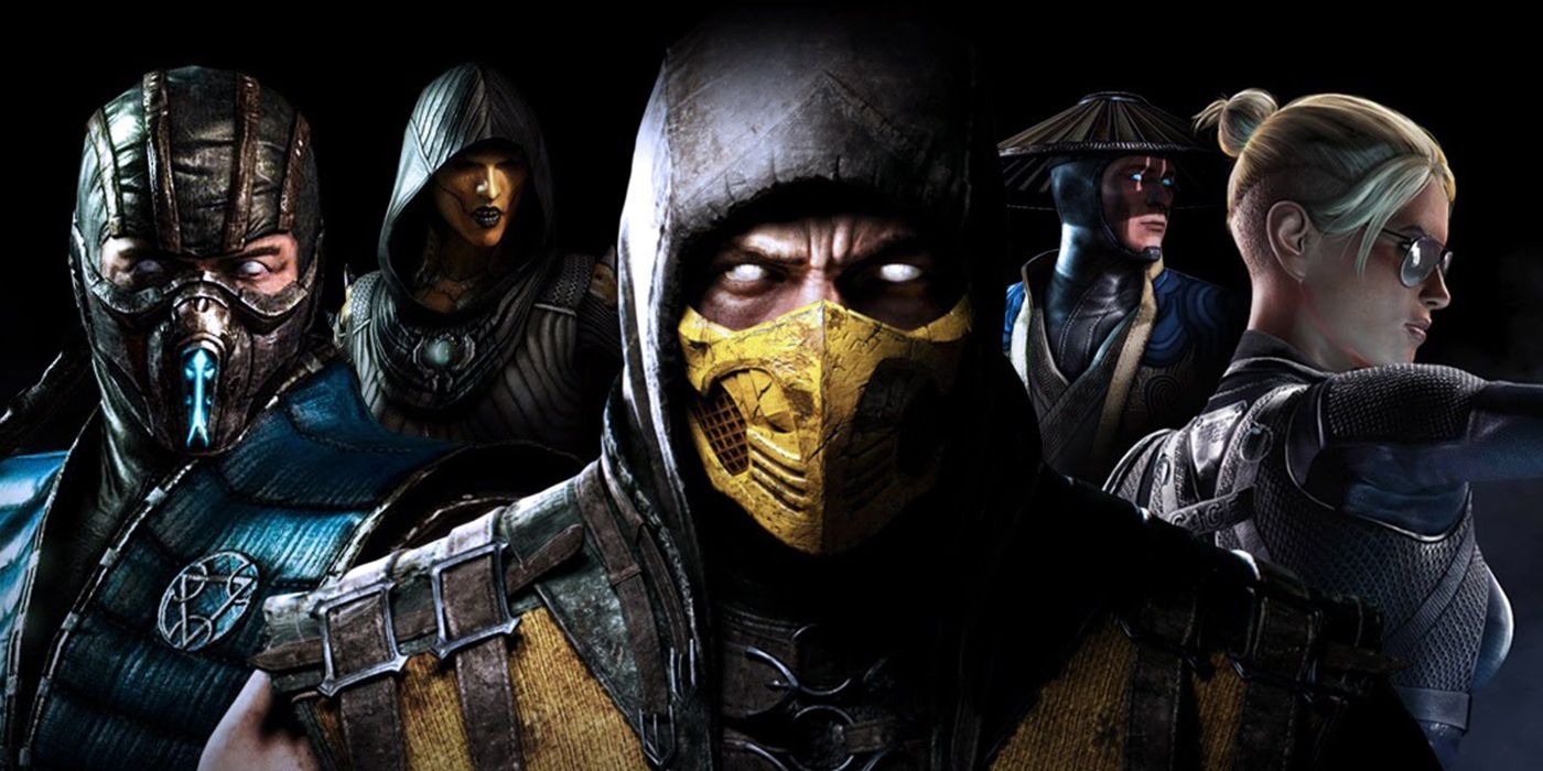 Mortal Kombat X title card characters Scorpion, Raiden, SubZero, D'Vorah and Cassie Cage looking grim and menacing.