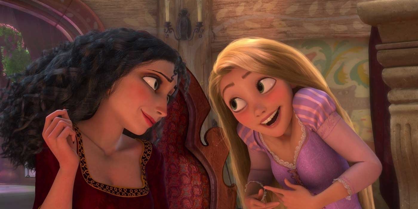 Mother Gothel and Rapunzel laugh in Tangled