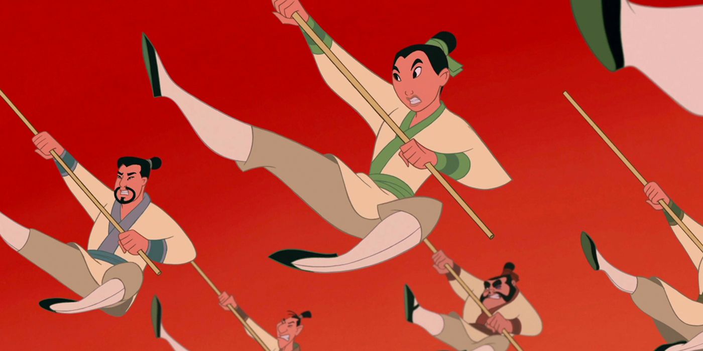 Mulan does kung fu in a training montage