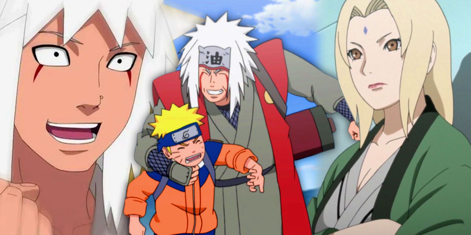 A blended image depicts a young Jiraiya alongside Jiraiya with his arm around Naruto, and Tsunade in the Naruto franchise