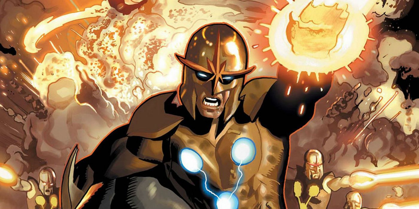 Nova fires his energy blasts while backed by other members of the Nova Corps