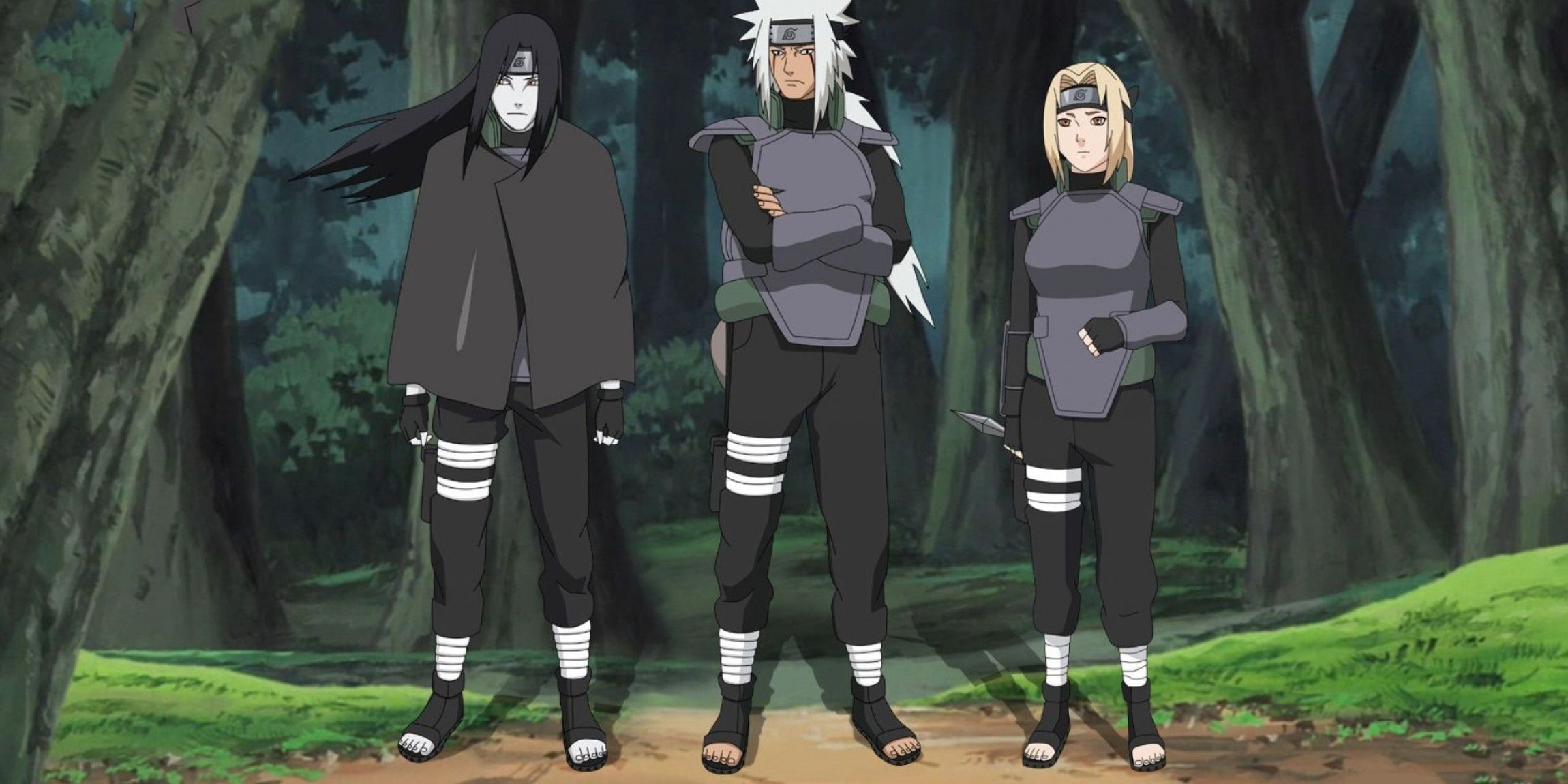 Orochimaru, Jiraiya, and Tsunade in their battle gear in a Naruto flashback