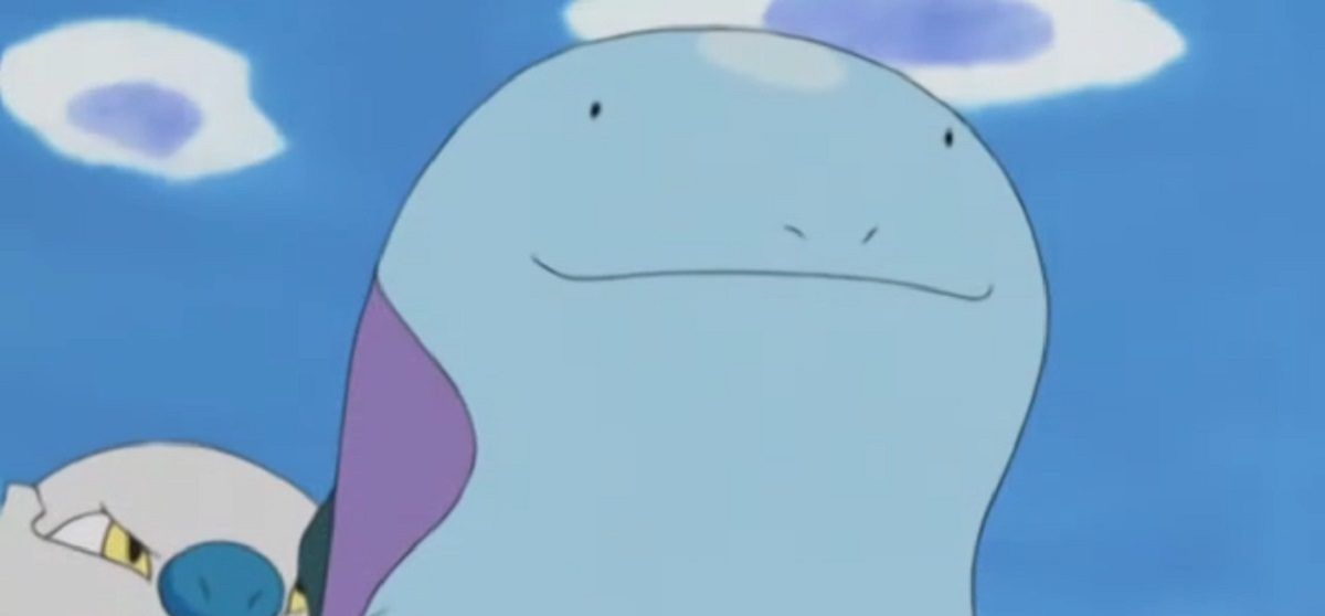 A Quagsire in the Pokémon anime smiles steadily in front, while the head of an angry Walrein appears behind it.