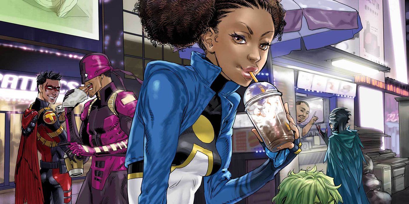 Power Girl taking a drink in Teen Titans.