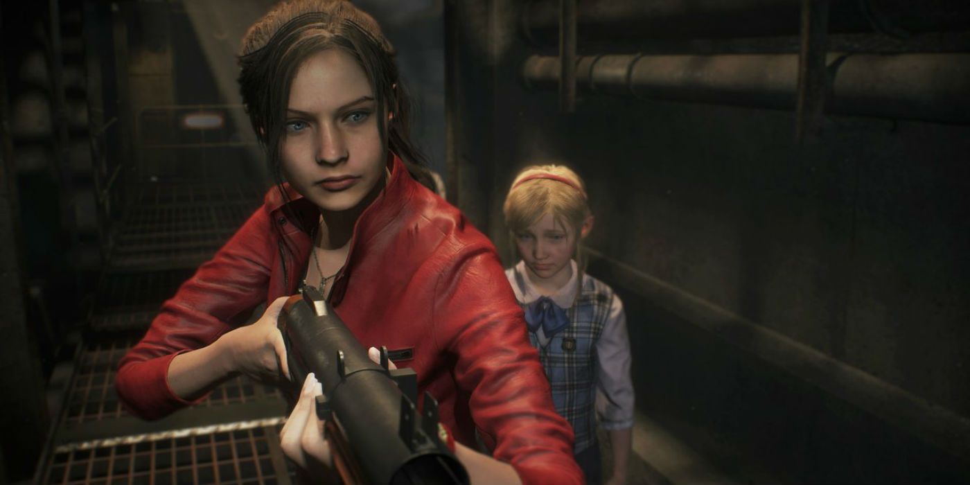 Claire Redfield and Sherry standing in the hallway in Resident Evil 2