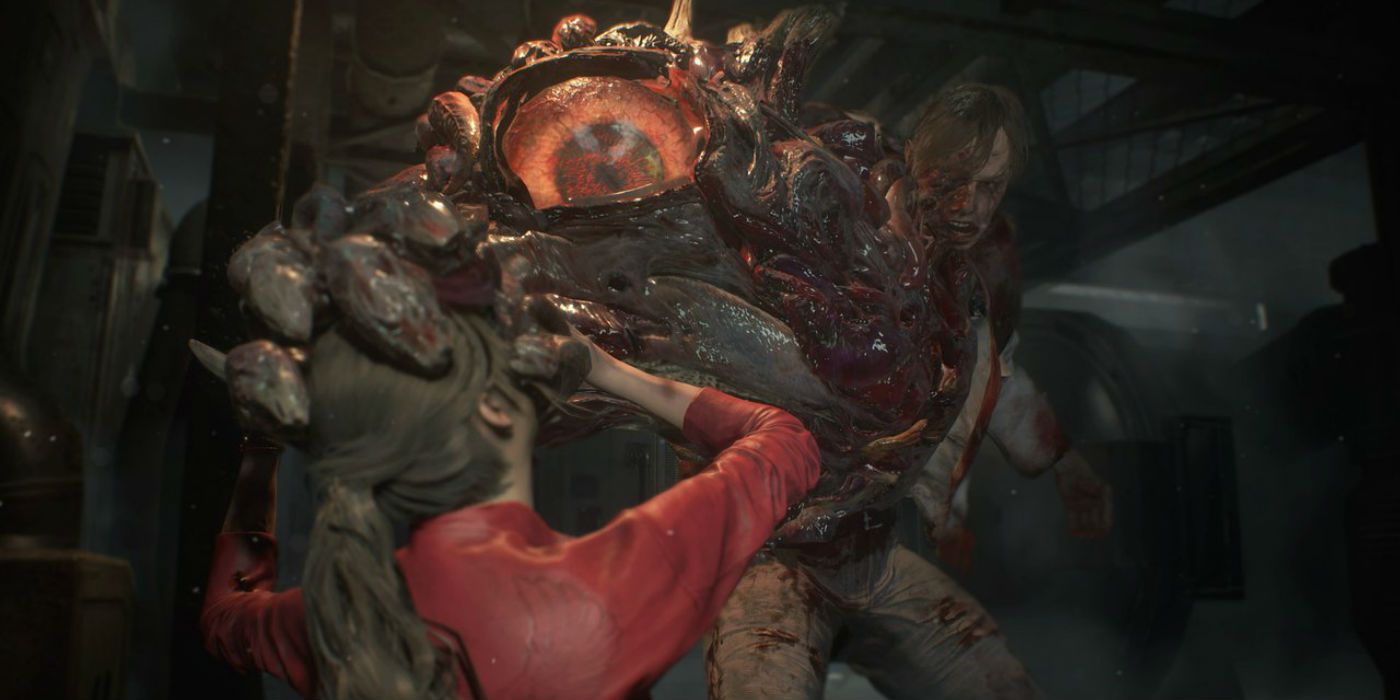 A mutated William Birkin grabs Claire Redfield in Resident Evil 2 Remake