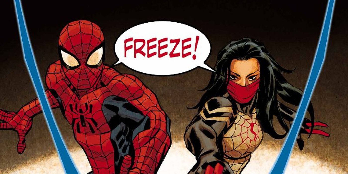 Spider-Man and Silk shouting "Freeze" at someone in Marvel Comics.
