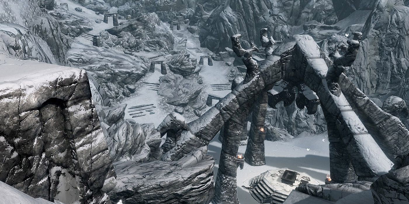 A wide shot of Arcwind Point in Skyrim