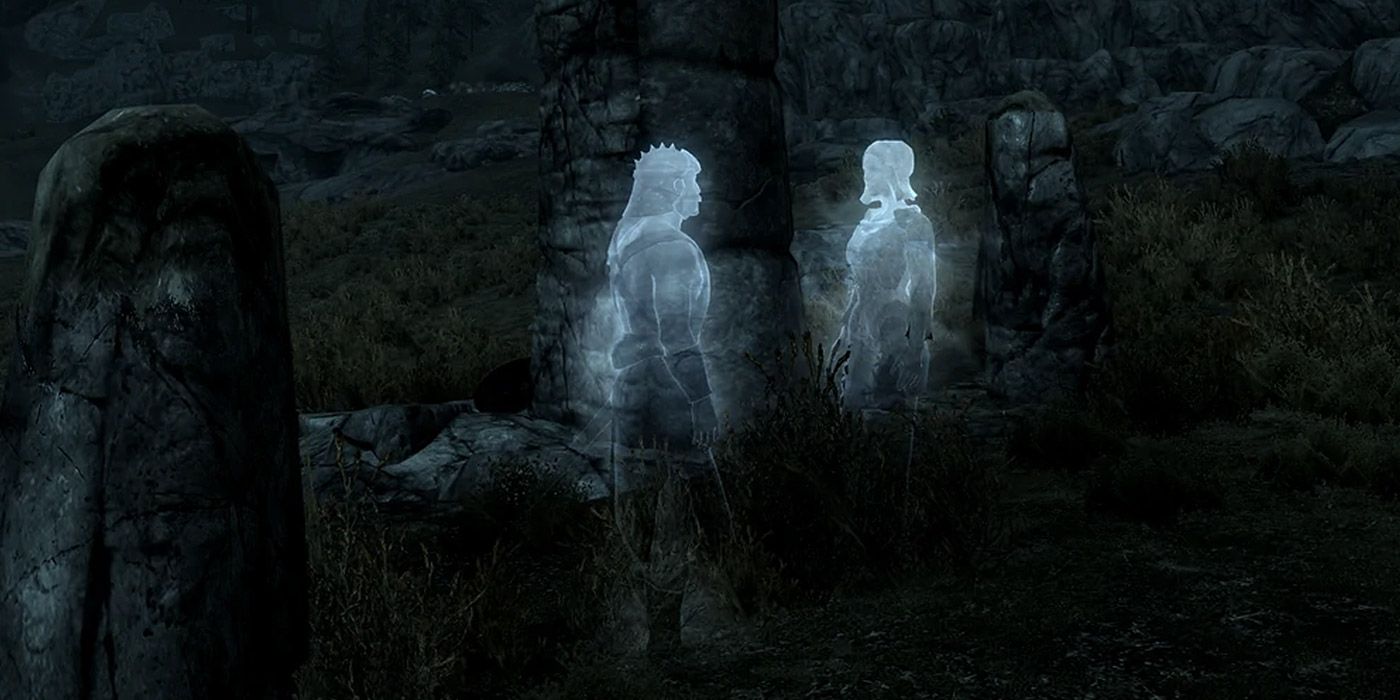 Two ghosts conversing in the wilderness of Skyrim