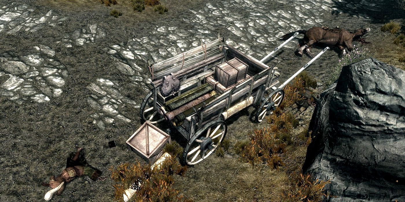 An attacked caravan with dead bodies in Skyrim