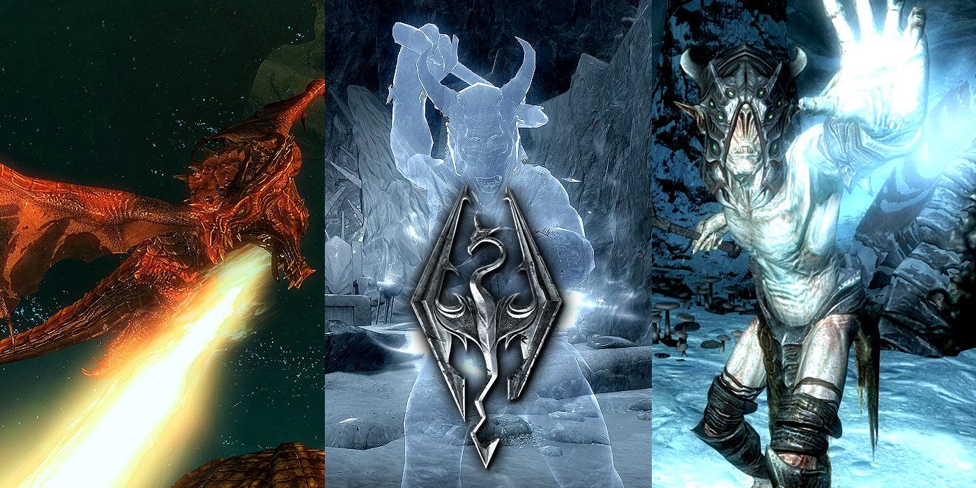 Split image of a dragon, Karstaag and a Falmer in Skyrim